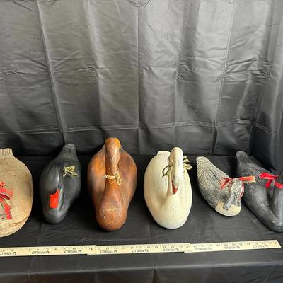 6 Vintage Hand-Carved Wooden Decoys - 3 Large Swans & 3 Waterfowl - Folk Art Collection