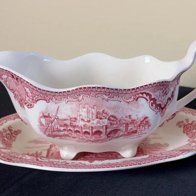Johnson Brothers "Old Britain Castles" Pink/Red Transferware Gravy Boat & Underplate