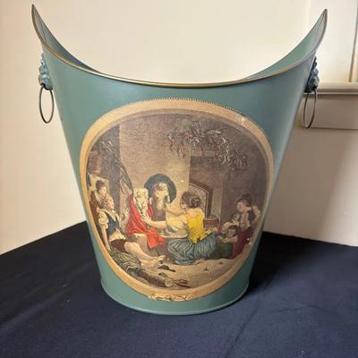 Vintage Toleware Style Metal Fireplace Wood Scuttle / Coal Hod – Decorative Provincial Scene