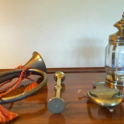 Vintage Brass Decor Lot: Nautical Lantern, Bugle with Tassels, Candlestick & Door Knocker