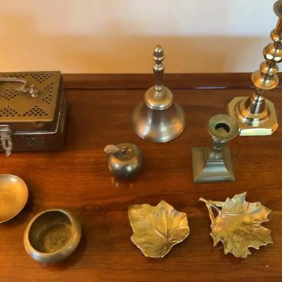 Vintage Brass Decorative Lot - 9 Piece Collection: Incense Box, Candlesticks, & Foliate Trays