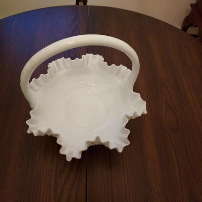 Vintage White Milk Glass Hobnail Basket with Ruffled Edge & Applied Handle
