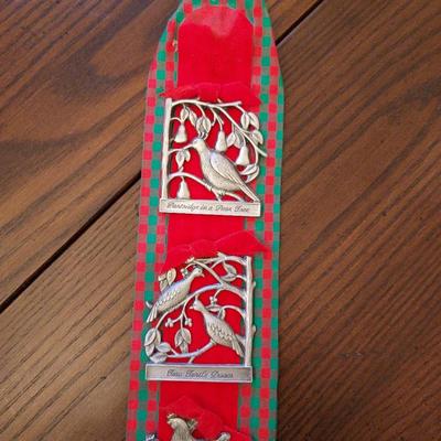 Vintage 12 Days of Christmas Pewter Ornament Set on Velvet Ribbon - Full Set