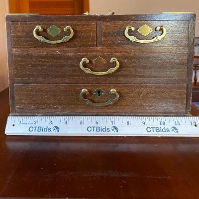 Vintage Japanese-Style Wood Jewelry Chest - 3-Drawer Tansu Box with Brass Hardware