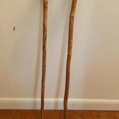 Pair of Vintage Hand-Carved Natural Wood Walking Canes - Rustic Shepherd’s Crook Style