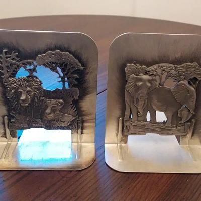 Vintage METZKE Pewter & Steel Bookends Pair - African Safari Lion & Elephant Cutout