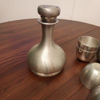 Vintage Brushed Metal Decanter Set - Includes 7 Matching Jefferson Cups