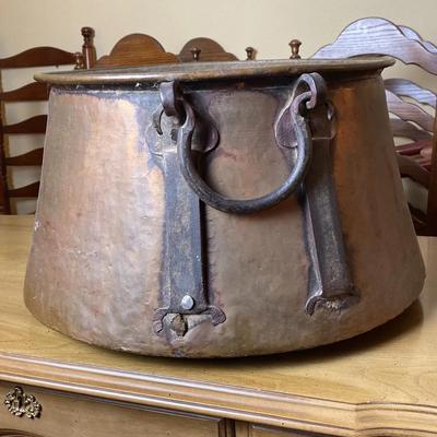 Antique Hand-Hammered Copper Cauldron | Large 19th Century Hearth Pot with Forged Iron Ring Handles