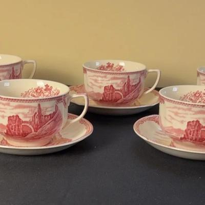 Set of 5 Johnson Brothers "Old Britain Castles" Pink/Red Tea Cups & Saucers - England