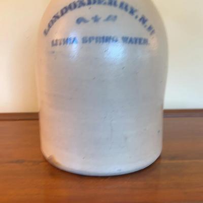 Antique Londonderry N.H. Lithia Spring Water Salt Glaze Stoneware Jug - Blue Stencil