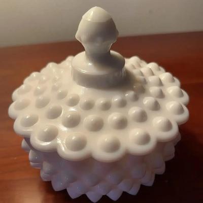 Vintage Fenton White Milk Glass Hobnail Round Trinket Jar or Candy Dish