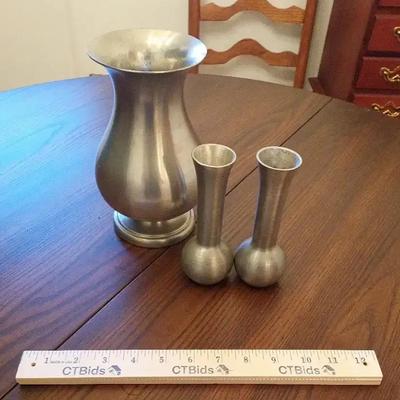 Vintage Pewter Vase Trio - (1) Large Trumpet Vase & (2) Bud Vases - Satin Finish