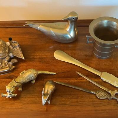 Vintage Brass Desk Lot - 7pc Collection: Eagle Pen Holder, Figurines, & Letter Openers