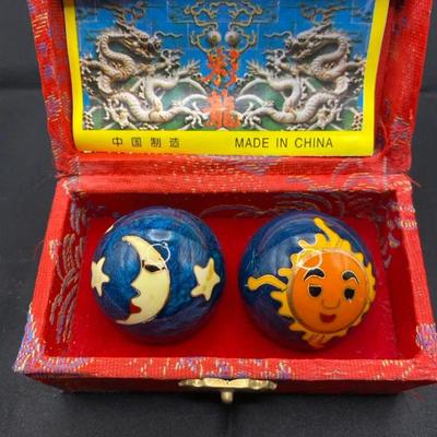 Vintage Chinese Baoding Health Balls Set – Sun & Moon Design – Original Brocade Presentation Box