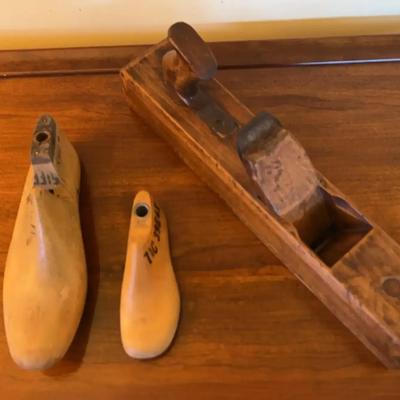 Vintage Workshop Lot: Antique Wooden Jack Plane & Two Carved Shoe Lasts