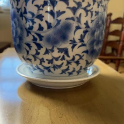 Vintage Chinese Blue & White Porcelain Planter with Matching Saucer – Large Peony Motif Jardinière