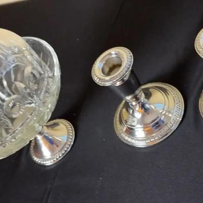 Vintage Sterling Silver Tableware Lot: Pair of Weighted Candlesticks & Crystal Butter Dish