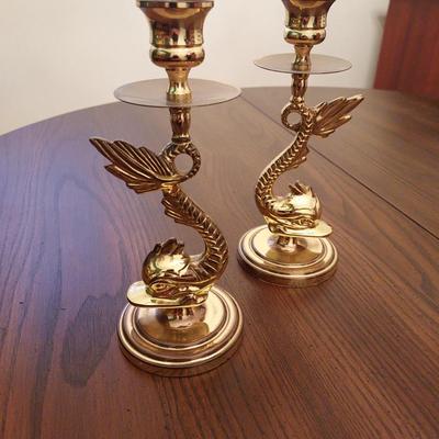 Pair of Vintage Solid Brass Dolphin / Sea Serpent Candlesticks – Nautical Regency Style