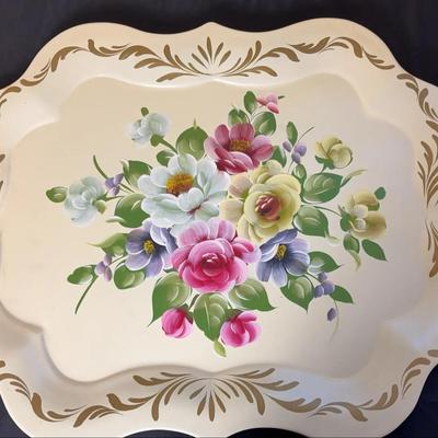 Mid-Century 22-Inch Scalloped Metal Tray - Floral Bouquet & Gold Gilt