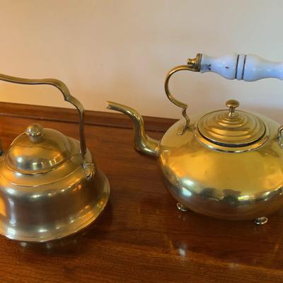 Pair of Antique/Vintage Brass Tea Kettles – Victorian Style with Ceramic Handle