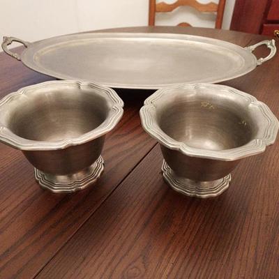 Vintage Pewter Serving Lot: Handled Oval Platter and Footed Compote Bowls
