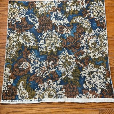 Vintage Handprinted Botanical Textile – Jacobean Floral Print – Blue & Ochre - 24.5x25.5