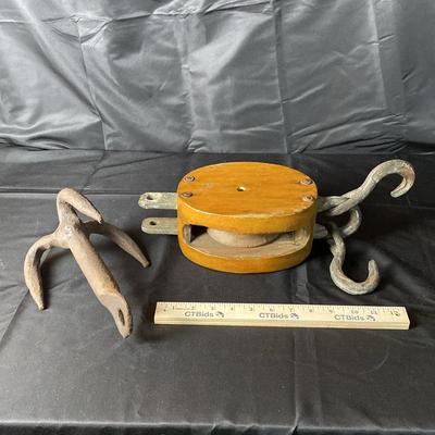 Vintage Nautical/Barn Pulley Block & Forged Iron Grappling Hook