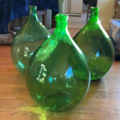 Trio of Vintage Hand-Blown Green Glass Demijohns