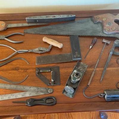 Antique Woodworking & Machinist Tool Lot – Disston Handsaw, Calipers, Block Plane & More