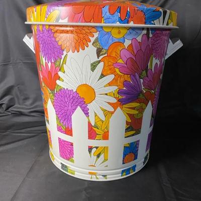Vintage 1960s Retro Flower Power Metal Trash Can – Vibrant Psychedelic Floral & Picket Fence Design