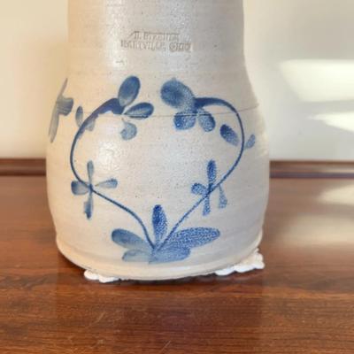 B. Stebner Hartville Ohio Salt-Glazed Stoneware Covered Pitcher – Blue Folk Art Floral