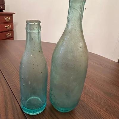 Pair of Antique Aqua Glass Water Bottles