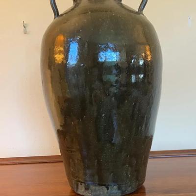 Large Signed Alkaline Glazed Stoneware Double-Handled Jug