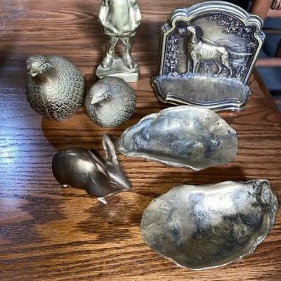 Vintage Brass – 7pc Sporting & Nature Decor: Quail, Oyster Shells, Rabbit & More