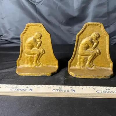 Antique 1929 Connecticut Foundry Cast Iron "The Thinker" Bookends - Art Deco Gold Finish