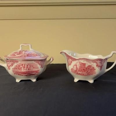 Johnson Brothers "Old Britain Castles" Pink/Red Sugar Bowl & Creamer Set - England