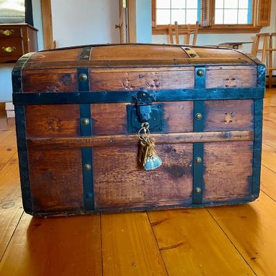 Antique 19th Century Dome Top Steamer Trunk – Original Wood & Iron Hardware – Blue Pattern Interior