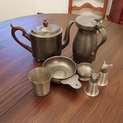 Vintage 7-Piece Pewter Tableware Lot – Includes Teapot, Pitcher, Porringer, and Fox Head Stirrup Cup