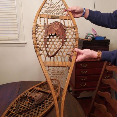 Antique Wooden Snowshoes by H.H. Hosmer Co., Norway, Maine – Original Leather Bindings