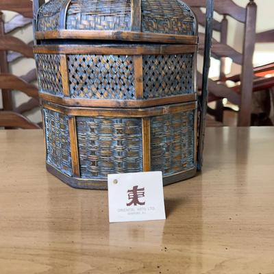 Vintage Chinese Octagonal 3-Tier Woven Bamboo Wedding Basket – Handcrafted Lacquered Bentwood Handle