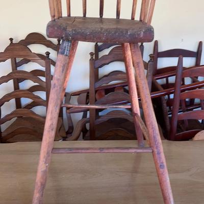 Antique 18th C. Windsor Spindle-Back High Chair & Vintage Primitive Folk Art Doll
