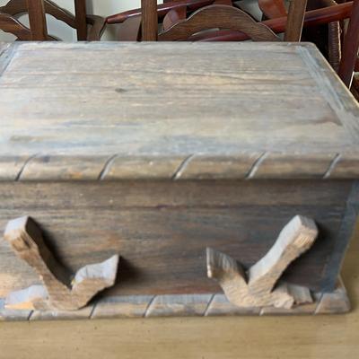 Rustic Hand-Carved Walnut Wood Chest – Nautical & Western Folk Art Style – Red Velvet Lined