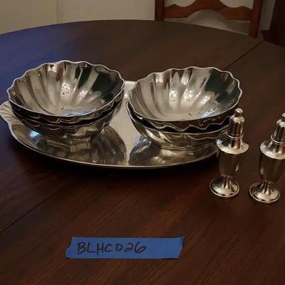 Vintage Silver-Tone Serving Set - Scalloped Shell Bowls, Oval Tray & Pedestal Shakers - 6 Pieces