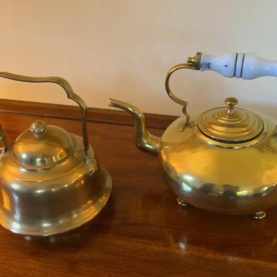 Pair of Vintage Solid Brass Tea Kettles | Traditional Gooseneck Spout & Ceramic Handle Accents