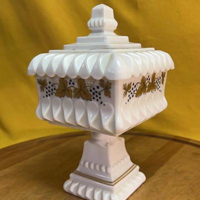 Westmoreland milk glass lidded pedestal dish with gold grapevine decoration