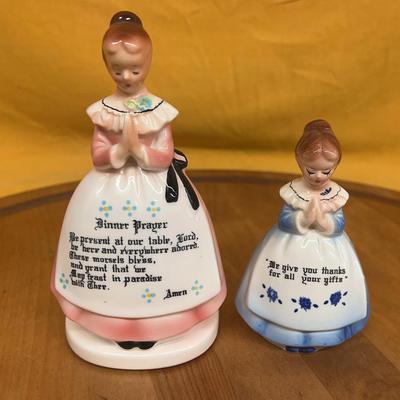 Pair of vintage Enesco ceramic figurines of girls in prayer