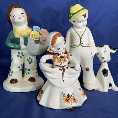 Vintage figurines, Kaye of Hollywood, DeeLee Art Pottery, and occupied Japan boy with dog