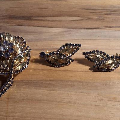 Vintage HOBE Rhinestone Rose Brooch and Matching Clip Earrings