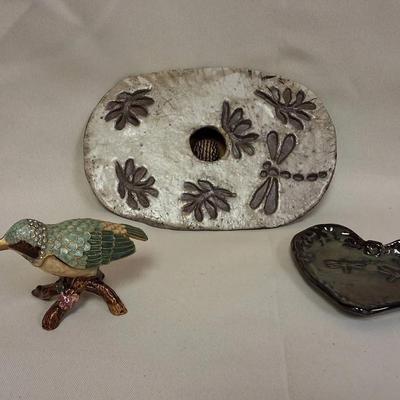 Hummingbird Trinket Box, Handmade Flower Frog And Heart Dish