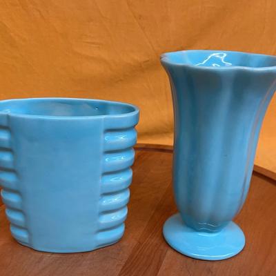 Two vintage Catalina Island turquoise blue glazed ceramic vases, models 609 and 305